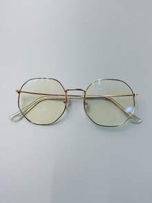 1副女士时尚复古圆形镜框透明镜片眼镜，轻便透明眼镜配件 - 金色 - 查看 6