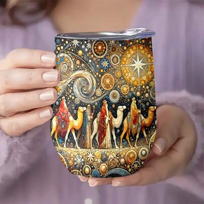 1 pieza Taza con forma de huevo de acero inoxidable, impresa con escena de la Natividad - Vaso aislado de doble pared para vino/bebida, frasco al vacío reutilizable, taza de bebida portátil y elegante para bebidas calientes y frías, con temática navideña, apta para uso doméstico, oficina y diario