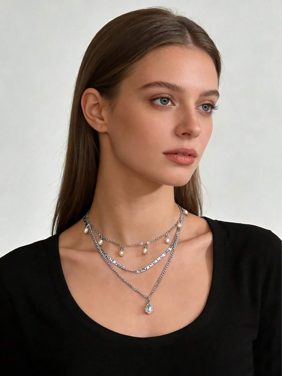 1pc Delicate & Simple Faux Pearl Drop Pendant Multi-Layer Necklace, Suitable For Daily Wear For Women