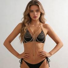 1pc Sexy Nightclub Music Festival Outfit, European & American Style Chain Hollow Tassel Body Chain - Gold - View 6