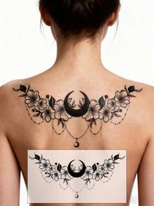 黑色大号胸部临时纹身贴纸，浪漫情人节玫瑰/野玫瑰/蝴蝶结/新月/流苏维多利亚复古风格性感临时纹身贴纸，适用于胸部、腹部和背部，DIY嘉年华/情人节/派对/节日礼物，防水逼真身体纹身贴纸，1包 - 黑色 - 查看 9