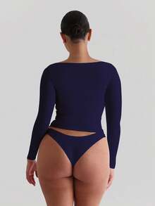 XLLAIS Áo thun dài tay dáng rộng mùa xuân/hè 2026, chất liệu co giãn cao cấp, hai lớp, cổ tròn, màu trơn. - Xanh đậm - Xem 11