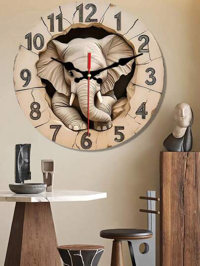 Creatieve wandklok in de vorm van een olifant - Ronde houten wandklok met olifantendesign, stil, werkt op batterijen (batterijen niet inbegrepen), platte rand, decoratie voor thuis en op kantoor