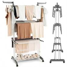 Tendedero Plegable para Ropa4 Niveles Tendedero Vertical Retráctil Movible y Ajustable Estante Secado Ropa con Alas Laterales y Ruedas Soporte Tendedero Ahorra Espacio para Interiores y Exteriores - Gris - Ver 6