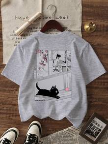 女士休闲短袖圆领T恤 - 印花图案，面料柔软舒适，可机洗，夏季上衣 - 淺花灰 - 查看 3