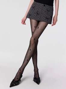 1 par de medias transparentes con estampado jacquard dulce y delgado para mujer, versátiles para uso diario, fiestas y eventos formales, primavera/verano - Negro - Ver 3