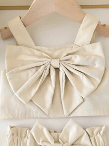 HAO6 春夏女婴背带裤，2件套新生儿套装，婴儿服装，清新舒适，优雅时尚，休闲可爱，适合日常穿着和玩耍 - 杏色 - 查看 4