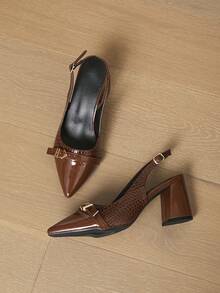 Wine Red Open Back High Heel Sandals, New Chunky Heels Pointed Toe Design, Breathable Suitable For Dresses, Plus Size - Brown - View 7