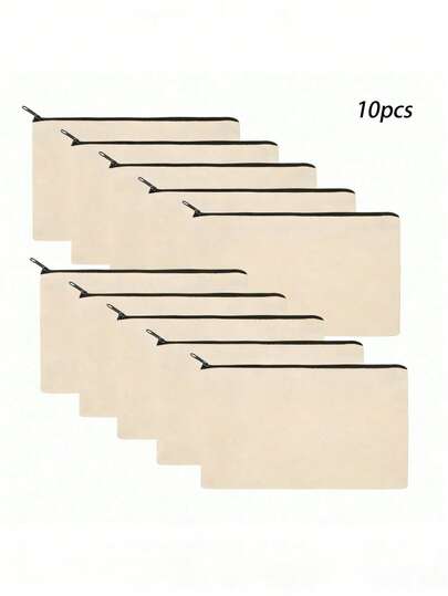 10pcs Beige Zipper Bags, Multipurpose Blank DIY Craft Bags, Pencil Case, Pouch For Home, School, Travel