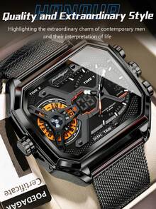 POEDAGAR 1pc Fashionable Men's Stainless Steel Mesh Waterproof Date & Day LED Electronic Wrist Watch, 3 Time Zone Display, Multi-Function Casual Men's Watch With Alarm And Chronograph, Men's Holiday Gift - one-size - View 10