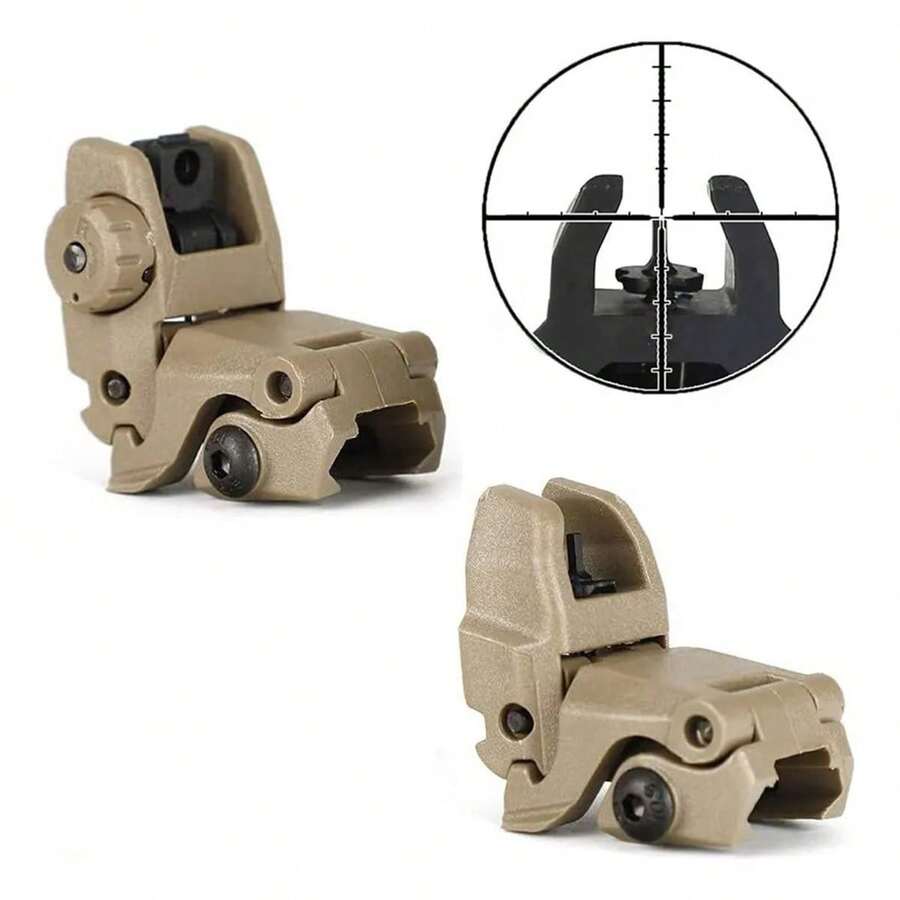 Juego de 2 Unidades de Miras de Respaldo Tácticas Plegables con Resorte, Totalmente Ajustables en Viento y Elevación, Diseño de Polímero de Alta Resistencia y Liviano, Color Tierra Oscura, para Caza, Entrenamiento Táctico, CQB y Uso con Fusiles de Cacería o Equipo Táctico Militar - Óxido marrón - Ver 1