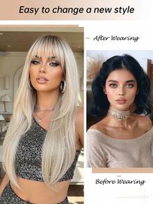 26英寸长直发渐变金色假发，带刘海，耐热合成假发，适合女性日常佩戴 - 挑染金色 - 查看 2