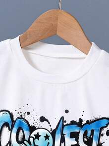 Camiseta con gráfico de letras y pantalones cortos con cordón ajustable para niño preadolescente - Blanco - Ver 3