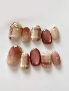 10pcs Handmade Press-On Nails, Short Oval Shape, Red, Vintage Soft Style, Nude Pink Ombre With Gray Rose Cat Eye Glitter, Hand-Painted Plaid Pattern, 3D Golden Bow, Cute & Simple Press-On Nail Stickers, Suitable For Women And Girls, Wear For Spring, Summer, Autumn, Winter, Parties And Daily - Multicolor - View 2