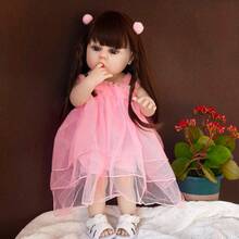 22英寸（约55厘米）逼真重生娃娃，粉色薄纱连衣裙，全乙烯基身体，洗澡玩耍伴侣，角色扮演游戏，生日礼物（包含奶瓶、安抚奶嘴、尿布、出生证明） - 粉色 - 查看 2