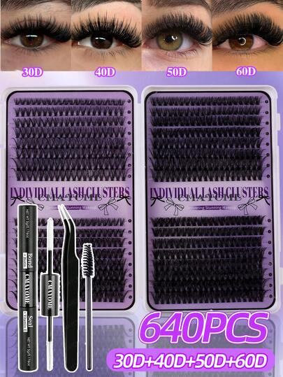 640 piezas Kit de extensiones de pestañas estilo D-Curl, pestañas DIY, 10D+20D+30D+40D+50D+60D, longitudes mixtas delicadas de 9-16 mm. Incluye pegamento para pestañas, sellador y herramientas de aplicación de pestañas. Perfecto para principiantes y uso diario. Ideal para uso en el hogar, viajes, viajes diarios, bodas, banquetes, fiestas, festivales de música. Excelente como regalo del Día de la Madre o un regalo para niñas y mujeres.