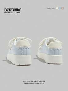 BEIER Casual Spring/Autumn New Fashion Versatile Leather Round Toe Flat Lace-Up Skateboard Sneakers For Women - Baby Blue - View 4