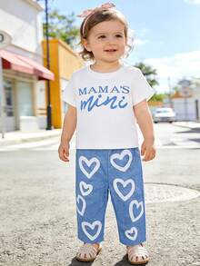 2 件套休闲宽松女宝宝短袖上衣 + 印花编织长裤套装 - 藍色 - 查看 2