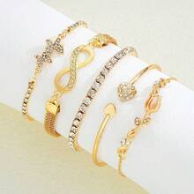 Set Of 6 Gold Bracelets With Rhinestones, Heart, Butterfly, Infinity Details, Women's Fashion - Vàng - Xem 5