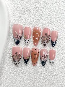 10pcs Y2K Stylish Handmade Nail Stickers, Available In Nude, White, Black, Includes Polka Dot Pattern, Hand-Painted 5-Petal Flowers, Leopard Print Floral Decor And Gold Star Accessories. 3 Styles Available: Almond-Shaped, Square, Duck Mouth Nail Stickers. Includes Tool Kit (1pc Jelly Sticker + 1pc Nail File). Suitable For Women And Girls, Can Be Used For Daily Photos, Parties, Autumn/Winter Season. Nails - Nhiều màu - Xem 15