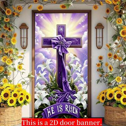 1 2D Door Flag, Easter Celebration Party Door Flag, With A Shiny "He's Back", Polyester Flower, Front Porch Party Flag With Cross Pattern, Suitable For Indoor/Outdoor Holiday Decoration Easter Carnival Theme, No Electricity, Seasonal Home Decor