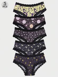 Dircho 5件套女士星空印花三角裤套装，月亮星星图案，可爱脸型，黑色蕾丝边，柔软面料，深色调，日常舒适内衣，梦幻休闲风格 - 彩色 - 查看 1
