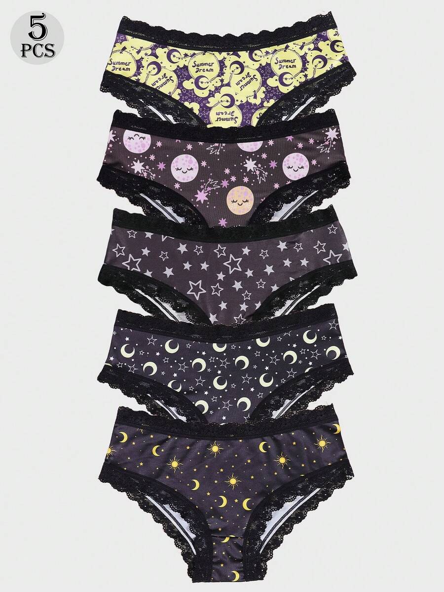 Dircho 5件套女士星空印花三角裤套装，月亮星星图案，可爱脸型，黑色蕾丝边，柔软面料，深色调，日常舒适内衣，梦幻休闲风格 - 彩色 - 查看 1