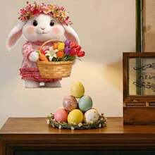 1pc Easter Cartoon Rabbit Basket & Butterfly Wall Sticker For Bedroom, Living Room, Cabinet Home Decor - Multicolor - View 5
