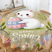 1pc Easter Bunny Holding Eggs Round Tablecloth, "HAPPY SPRING" Spring-Themed Dining Room Decor, Washable Round Table Cover For Daily Dining Room And Living Room, Suitable For Easter Holiday, Outdoor Picnics - 100% Polyester - Multicolor - View 9