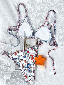 26SS Damen 2-teiliges Bikini-Set mit Blume Muster, gerüschter Neckholder-Ausschnitt & Kreuz-Rückendesign, geeignet für Strand, Pool-Party, Urlaub, Sommer - Verschiedenfarbig - Übersicht 2