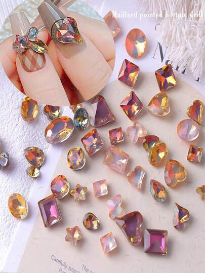 50个/包 混合尺寸焦糖色美拉德尖底3D美甲装饰，秋冬美甲配件，手工DIY美甲饰品，超闪亮美甲宝石