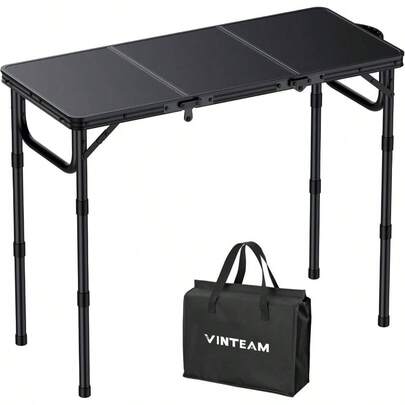 Camping Folding Table With Adjustable Height Lightweight Portable Outdoor Picnic Table BBQ Grill Side Table Durable Aluminum Frame MDF Desktop Black