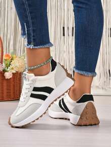Women's White Casual Sneakers, Low-Top, Lightweight, Non-Slip, Wear-Resistant, Low Heel, Round Toe, Breathable, Lace-Up, Suitable For Outdoor Sports, Spring/Autumn - trắng - Xem 3