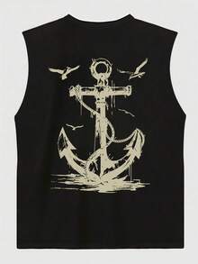 1pc Men's Summer Casual Seagull & Anchor Print Round Neck Tank Top - Black - View 3