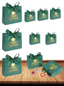10PCS/1PC/Small Graduation Gift Bag/Box [With Ribbon], Suitable For Small Items. Perfect For Holiday Parties And Graduation Seasons. - Dark Green With Dark Green Ribbon [Graduation Cap] - View 11
