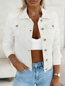 女士牛仔夹克，女士夹克，女士上衣，女士外套，弹力牛仔夹克，外衣，舒适休闲秋夏度假休闲帆布衫 - 奶油色 - 查看 1