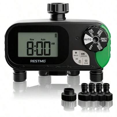 [4-Zone Garden Water Timer] Programmable Water Timer For Garden Hose | 3 Irrigation Modes, 4 Zones, Outdoor Faucet Timer, Lawn Irrigation System, Green