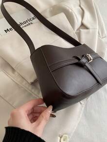 Elegant Strap Design Women's Shoulder Bag, Zipper Closure Minimalist Coffee Crescent Underarm Bag, Suitable For Women On Dates - Coffee - View 9