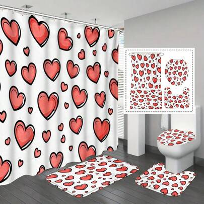 1/3/4 件套情人节浴室套装 - 浪漫红银爱心设计，可水洗涤纶浴帘，防滑浴垫，U 型马桶盖套，浴室装饰佳品，送礼佳品，浴室配件 | 浪漫淋浴装饰 | 可水洗浴帘，浴室帘