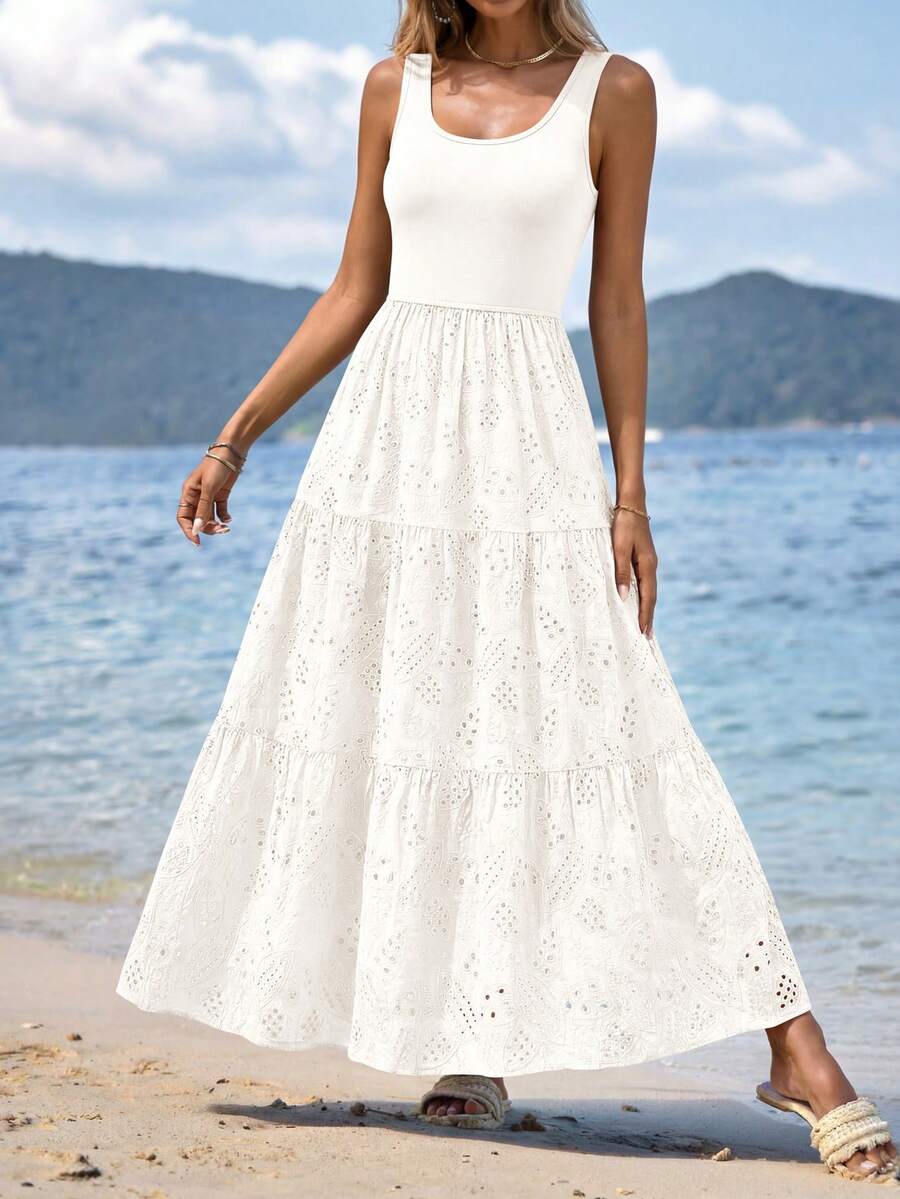 Women Summer Eyelet Midi Dress Casual Sleeveless Patchwork A-Line Flowy Tiered Dress Solid Color Spring Vacation Holiday Beach Wedding Guest Valentine Long Dress Sundress - 白色 - 查看 1