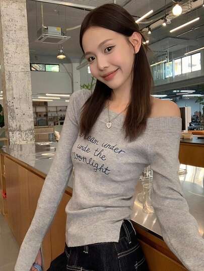 Korean Style Letter Embroidery Fitted Asymmetric Shoulder Knit Sweater For Women