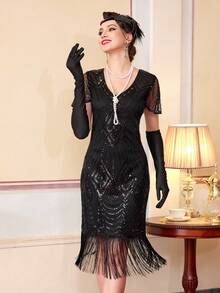 1920s Flapper Dress, Vintage Fringe Sequin Cocktail Dress With Accessories Set - Black - View 2