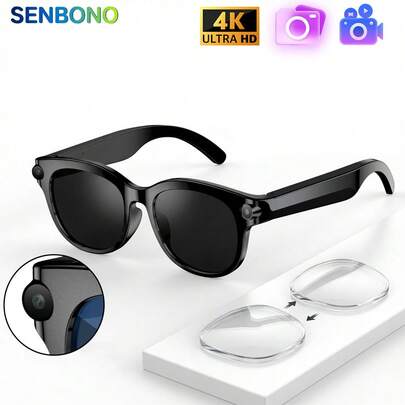 SENBONO Smart Glasses - Replaceable Clear Lenses, Camera Glasses, Wireless Earphones, Smart Translator, Cross-Language Communication Voice Assistant, Built-In Camera, Low Latency, Music, Call, Conference, Office, Business, Travel, Wireless Glasses Earphones