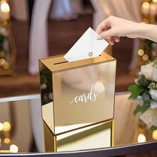 1 Set Gold Acrylic Pull-Out Wedding Card Box, Large Gold Acrylic Card Holder Box With Slots, Suitable For Gifts, Souvenirs, Company Celebrations, Donations, Baby Showers, Birthday Parties, Graduation Card Stands - Multicolor - View 3
