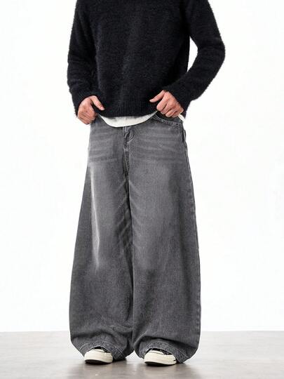 1pc Justice Brother Casual Versatile Couple Distressed Vintage Washed Loose Fit Wide Leg Jeans