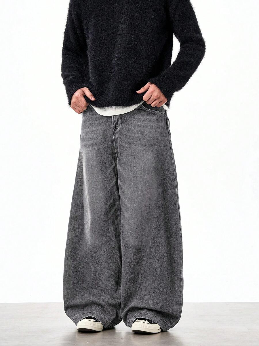 1件 Justice Brother 休闲百搭情侣做旧复古水洗宽松阔腿牛仔裤 - 灰色 - 查看 1