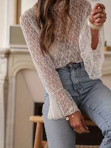 Women's Sexy Sheer Solid Color Bell Sleeve Lace Blouse White Spring - White - View 4