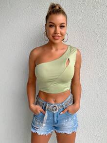 Joyfunear Áo tank top nữ crop top gợi cảm khoét vai lệch - màu xanh lá cây - Xem 2