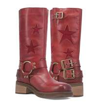 Women's Mid Calf Cowboy Boots Buckle Round Toe Chunky Low Heel Boots Studded Embossed Gothic Punk Riding Boots Pull On Goth Shoes  Western  Party - 紅色 - 查看 2