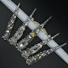10Pcs Handmade Extra Long Stiletto Press On Nails, Luxury Sparkling Style, Dense Rhinestones, Gold Accents, Multi Shape Gems, Gala, Evening Parties Summer - 銀色 - 查看 10